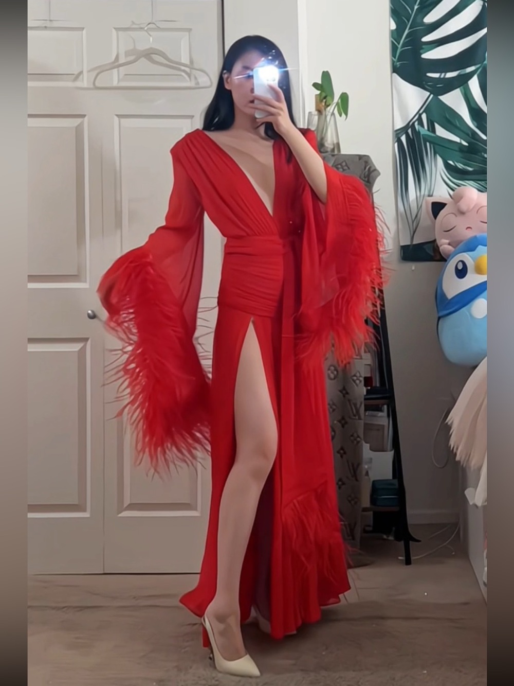 Bronx & Banco Geisha Ostrich Feather Trimmed Plunge High Slit Wrap Gown M NWOT - Picture 7 of 16